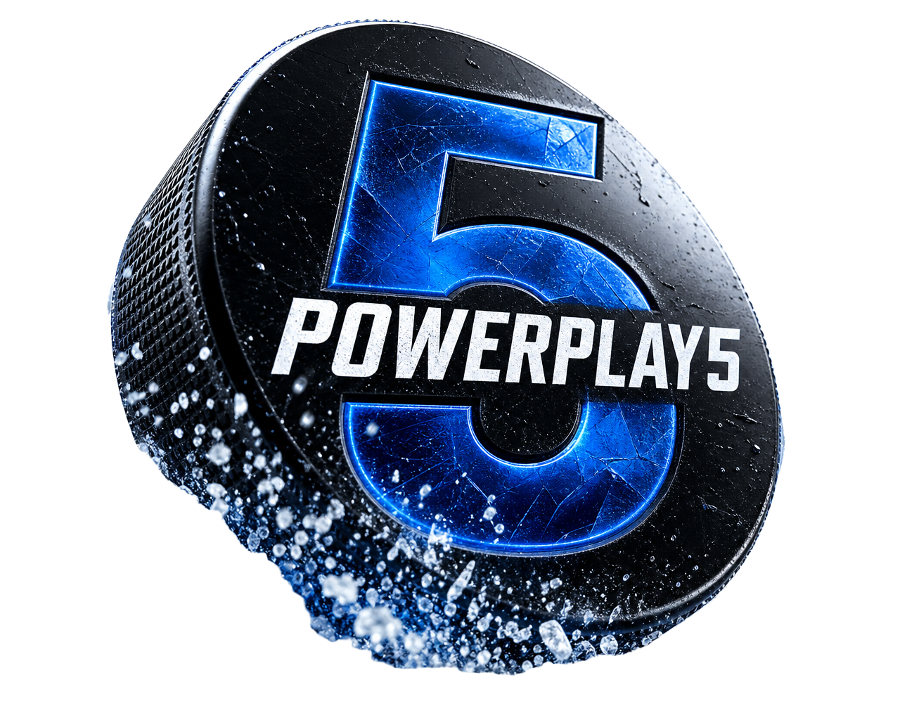 Rondelle de hockey noire géante avec le 5 bleu et le mot PowerPlay5